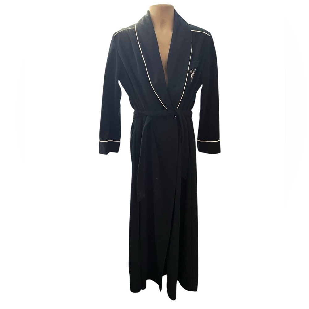 Vintage 70s Bill Blass Shawl Collar Robe Crest Embroidered Piping Trim Black M